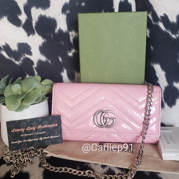 Gucci Handbags - Authentic Python Pink Gucci Marmont Flap Wallet Crossbody